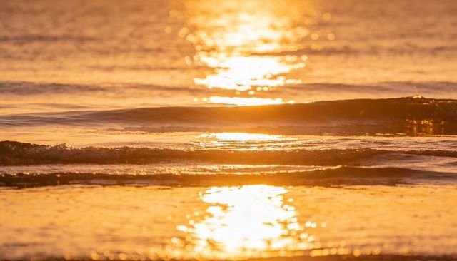 Golden sunrise reflecting on calm shoreline with shimmering sun glints and gentle waves