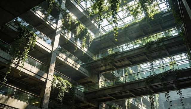 Sunlight streaming through skylight on brutalist atrium with vines and glass walkways