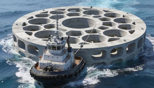 Gigantic precast concrete honeycomb ring floating and being towed by tugboat in open ocean