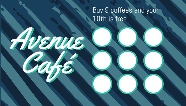 Loyalty card for Avenue Café encouraging customer retention by offering a free coffee after purchasing nine coffees. Ideal for marketing and promotional use in cafes, coffee shops, and bakeries. Perfect tool for boosting customer loyalty and enhancing customer experience.