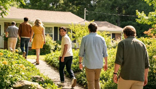 Friends Walking Toward Suburban House on Sunny Garden Path Welcoming Housewarming Visit