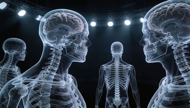 Transparent human skeletons with glowing brains and spines under studio spotlights