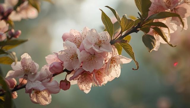 Pale Pink Cherry Blossoms Blooming on Branch with Soft Warm Bokeh and Delicate Petals