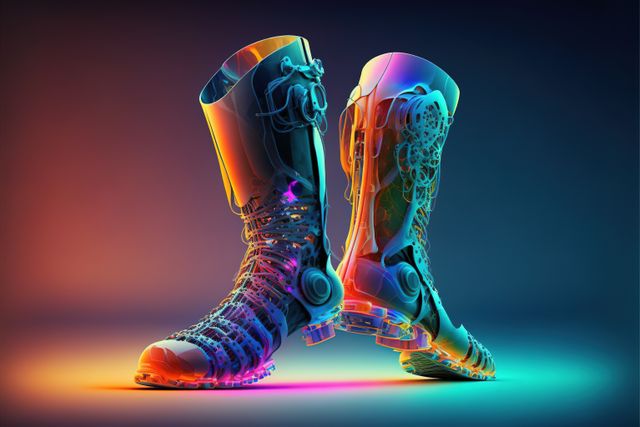 Image of cyber prosthetic of legs on blue background, created using generative ai technology. Cyber, prosthetics and future concept, digitally generated image.