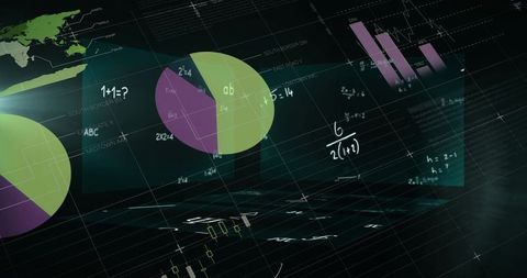 Holographic data visualization with rotating pie charts, bar graphs and math equations