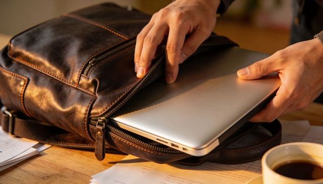 Placing laptop into leather backpack on wooden desk with coffee and documents