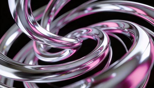 Chrome Spiral Loop Sculpture with Magenta Highlights, Reflective Abstract Torus Coil
