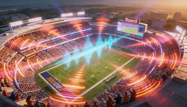 Neon waveform lighting packed football stadium at sunset