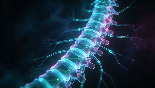 Neon glowing spine with interconnected neurons, futuristic medical technology concept