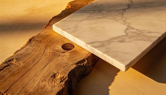 White marble slab resting on live-edge wood plank in warm golden light with copy space