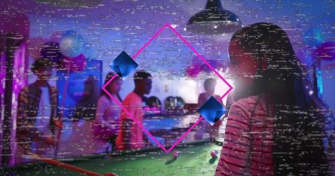 Woman holding cue watching pool at neon lounge with glitch diamond overlay