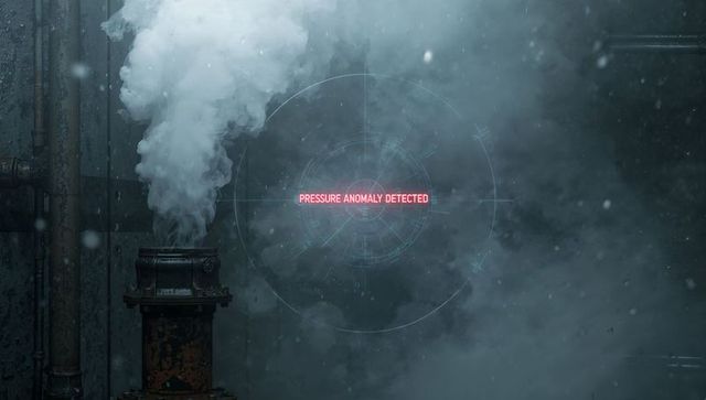 Corroded industrial pipe emitting steam, red hud alert 'pressure anomaly detected' in boiler room