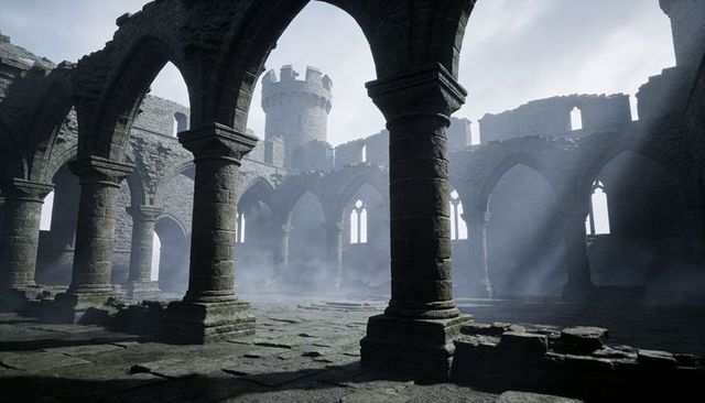 Ruined gothic abbey interior with arched arcade, weathered stone columns, misty sunbeams