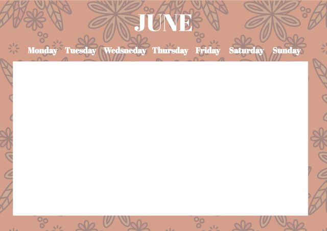 This June calendar template features a beautiful floral design, making it perfect for event planning, wedding preparations, and gardening schedules. The spacious layout allows for easy addition of important dates and notes. Ideal for personal and professional use, enhancing any workspace or home with its decorative and elegant design.