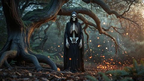 Mysterious skeletal grim reaper figure amidst enchanted woods