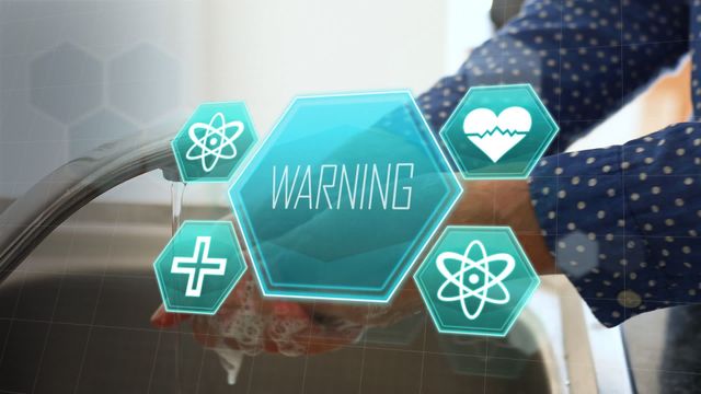 Conceptual wash representing health precautions with prominent warning symbol and medical icons overlay. Suitable for illustrating the importance of hygiene, especially in virus prevention during health crises, and conveying public healthcare messages in digital media, presentations, or informational videos.