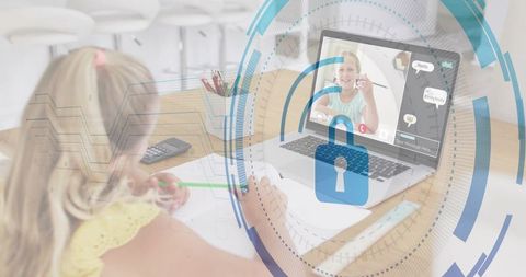 Blonde Child Learning Remotely Using Laptop with Video Chat and Cybersecurity Lock Overlay