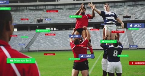 Rugby lineout action with social media engagement overlays showing likes, subscribers