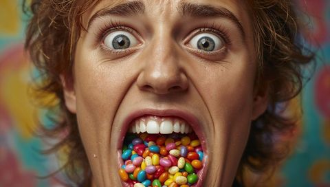 Woman stuffing mouth with colorful candy while wide-eyed in surreal vibrant close-up