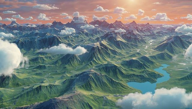Sunrise light bathing alpine mountain range stretching over turquoise lake, drifting clouds