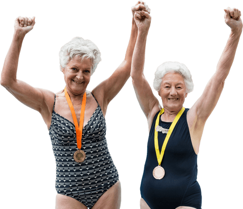 Senior Female Swimmers Celebrating with Gold Medals Transparent Background