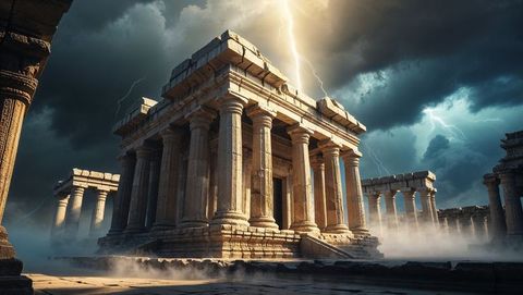 Dramatic lightning striking ancient god temple ruins