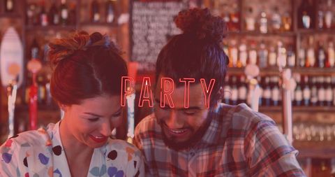 Friends Taking Selfie at Lively Bar with Party Neon Sign - Download Free Stock Images Pikwizard.com