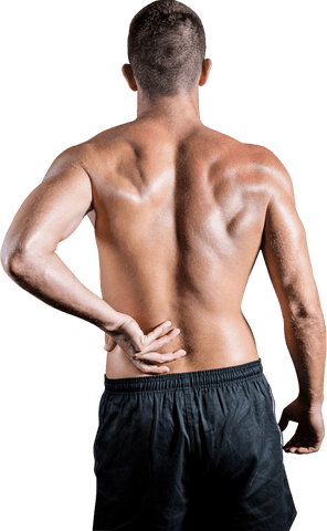 Shirtless athlete with back pain, transparent background