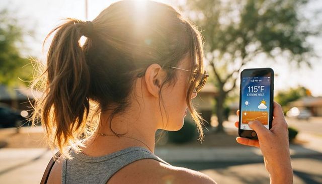 Woman checking 115°f weather app on smartphone while walking sunlit suburban street