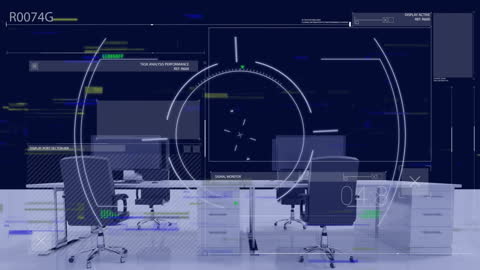 Futuristic Office with Glitch and Data Interface Overlay