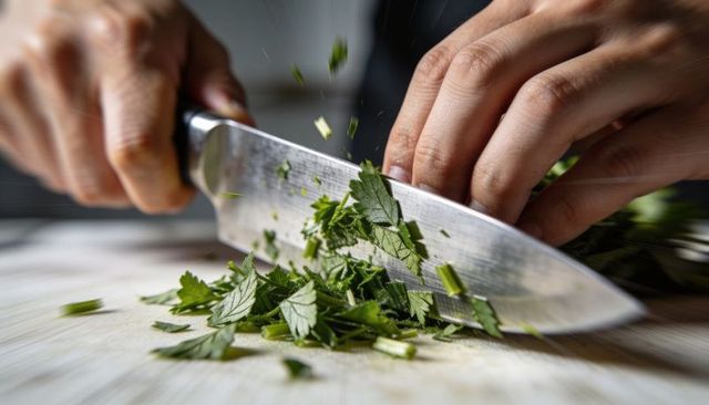 Hand chopping fresh parsley with chef knife on wooden board