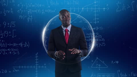 Businessman Analyzing Mathematical Graphs and Formulas