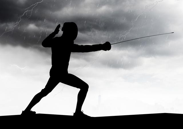 Digital composition of silhouette of player practicing fencing against rainy background