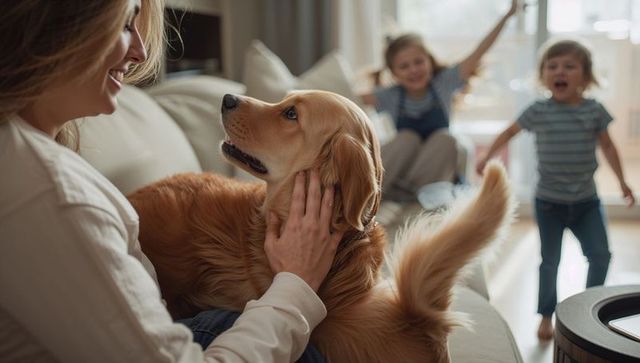 Family bonding with golden retriever on sofa, parent petting dog while children play