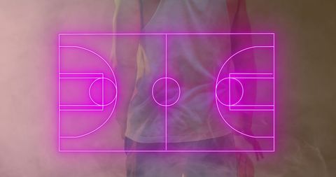Digital Neon Basketball Court Overlay with Player Silhouette