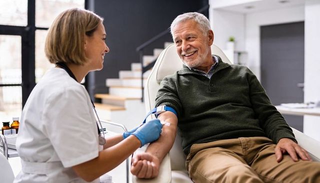 Senior man receiving blood draw from friendly nurse in modern medical clinic