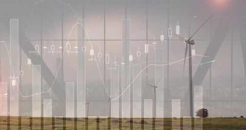 Wind turbine infrastructure overlaying financial graphs