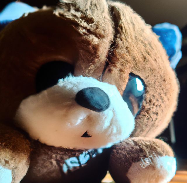 Close-up of a soft toy brown bear with a white snout. Ideal for use in articles about childhood, playtime or gift ideas. Perfect for social media posts or advertisements focused on toys, children, cuteness or nostalgia.