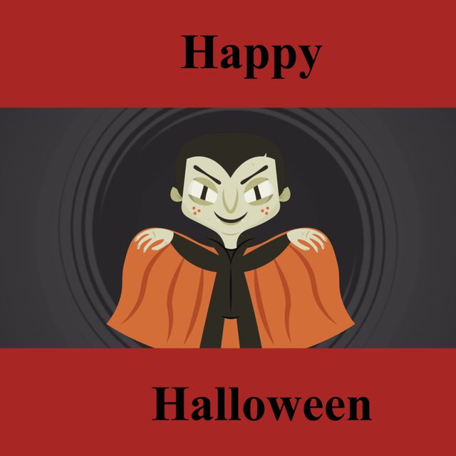 Happy halloween text on red with smiling vampire character in cape on dark grey. Halloween, october 31st, all hallows' eve, tradition and celebration, digitally generated image.