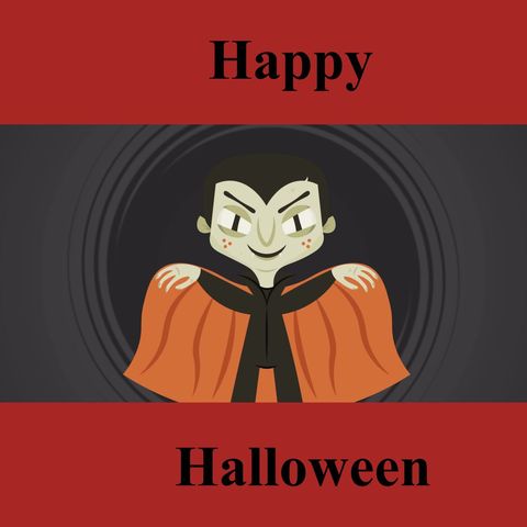 Happy halloween text on red with smiling vampire character in cape on dark grey. Halloween, october 31st, all hallows' eve, tradition and celebration, digitally generated image.