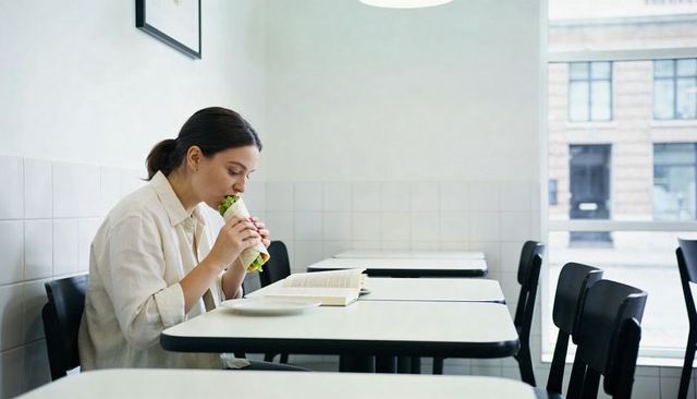 Urban minimalist woman eating wrap while reading open book at bright modern cafe table