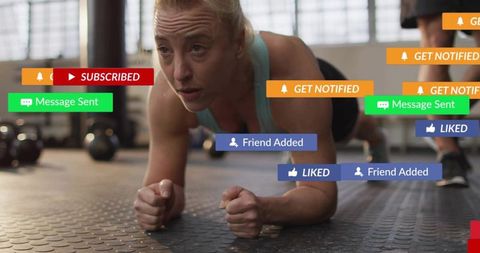 Athletic woman holding plank with floating social media notifications showing distraction