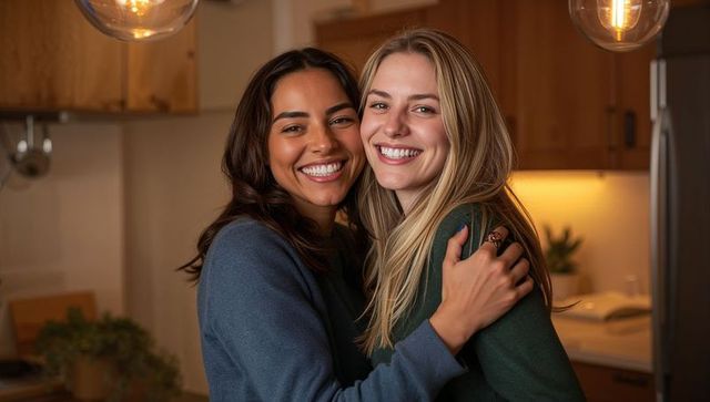 Hugging friends smiling in cozy kitchen wearing sweaters and showing engagement ring
