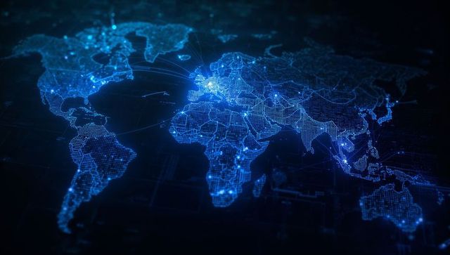 Futuristic Digital World Map with Glowing Data Networks
