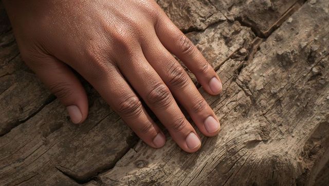 Resting adult hand on weathered wooden log closeup showing rough texture and knots