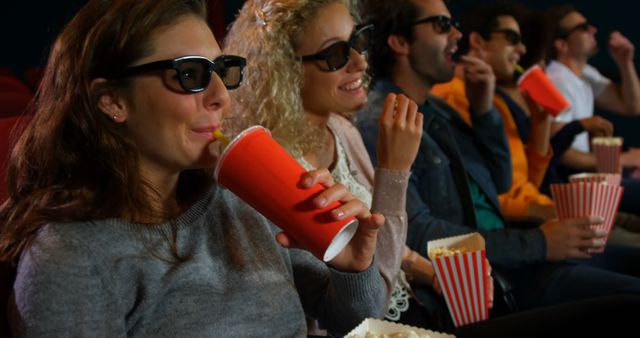 Young adults are enjoying a movie at a theater, with some wearing 3D glasses and snacking on popcorn and drinks. Their expressions suggest they are engaged and entertained by the film they are watching.
