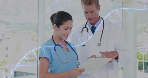 Healthcare Professionals Collaborating with Digital Innovation Overlay