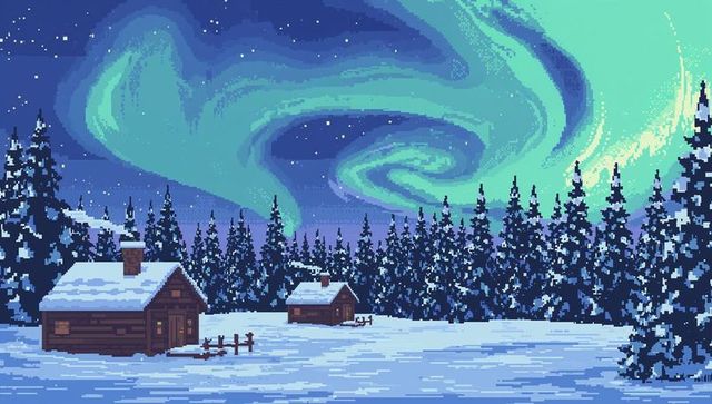 Pixel art winter cabin under northern lights night sky with snowy pine forest