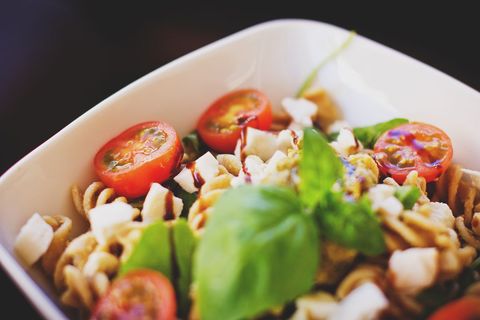 Fresh Basil Cherry Tomato Pasta Salad with Mozzarella and Balsamic Drizzle