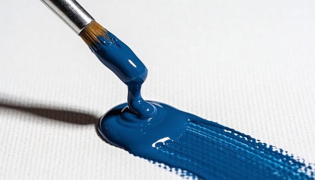 Brush Pouring Deep Blue Paint onto Canvas Creating Glossy Stroke and Textured Ridge